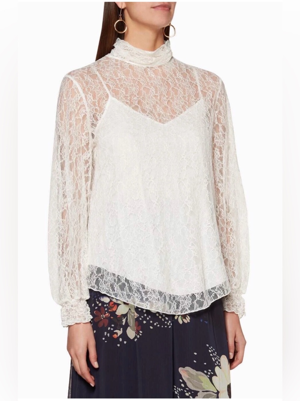 See By Chloe Sheer Lace High Neck Blouse in Ivory
